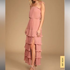 LULU’S pink pleated tiered ruffled maxi dress